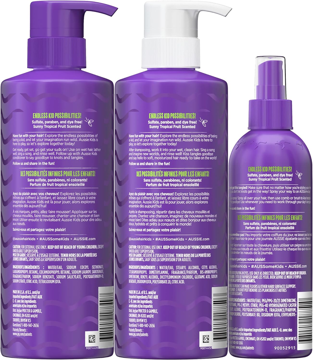 Aussie Kids Shampoo, Conditioner, and Detangler Bundle, Sulfate Free and Paraben Free, Shampoo and Conditioner 16 fl oz each, Spray 8 fl oz