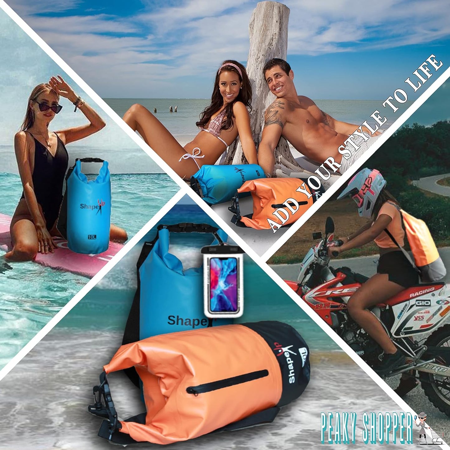 Waterproof Marine Dry Bag Backpack PVC 500 Tarpaulin 20L with pocket & 10L Shoulder Strap Roll Top Floating Dry Sack Boating Swimming with Towel & Phone Case (10, Light Blue, 1)