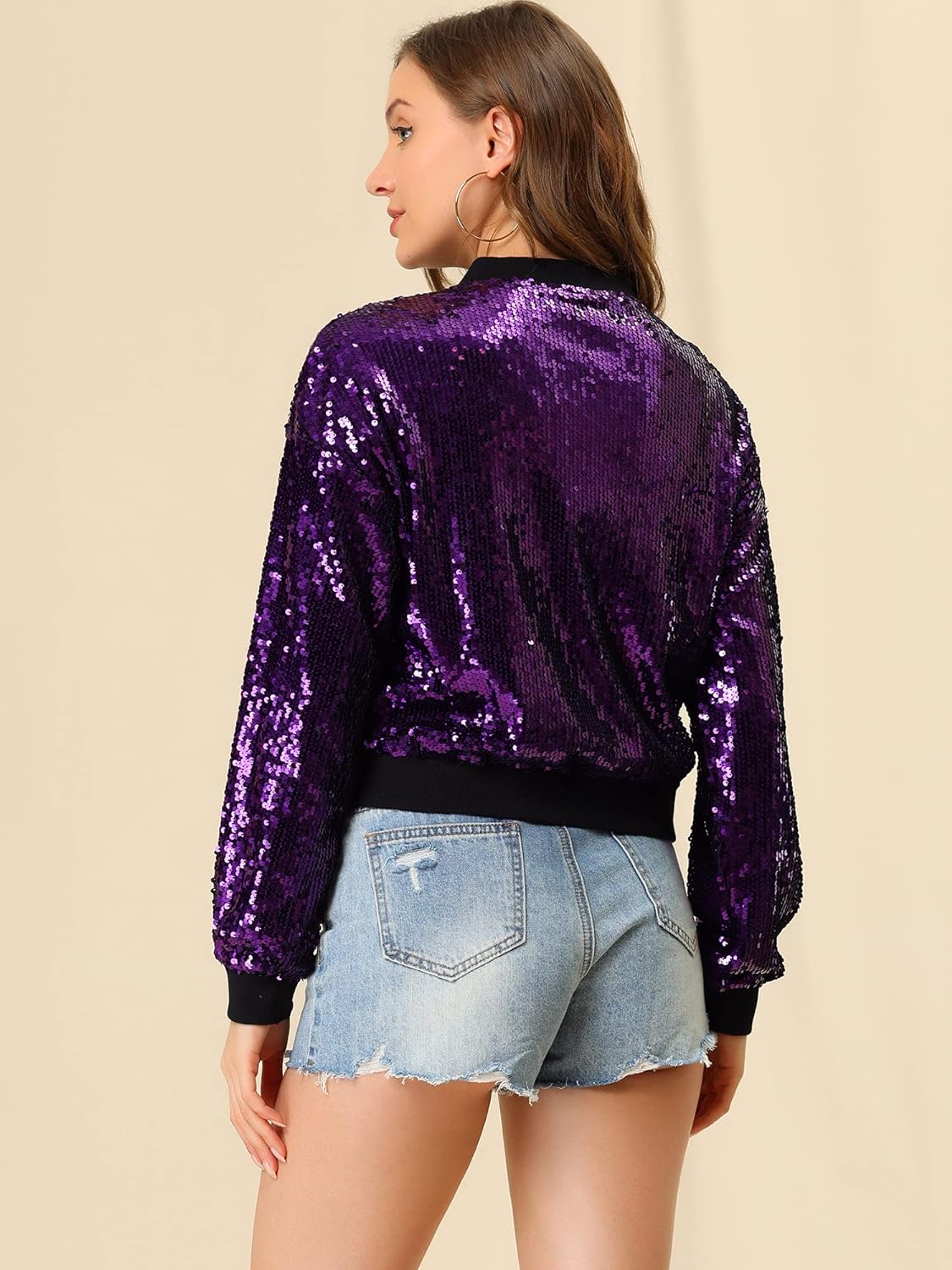 Allegra K Women's Halloween Sequin Sparkle Long Sleeve Zipper Bomber Jacket