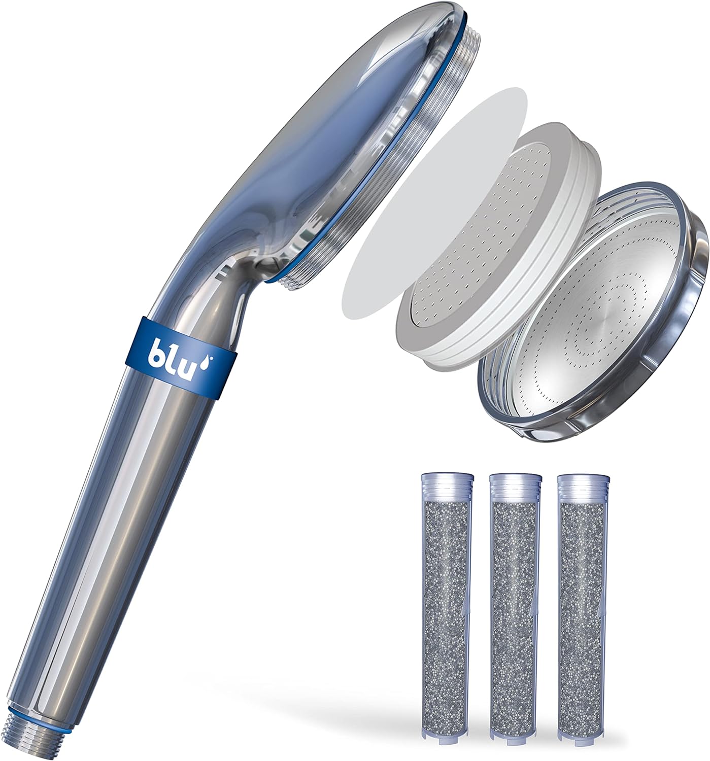 blu Ionic Shower Head & Filter - Annual Bundle - Handheld & 3 Pcs NMC Filters & Spare Parts Set - Removes Chlorine & Harmful Pollutants - Skin & Haircare - Chrome