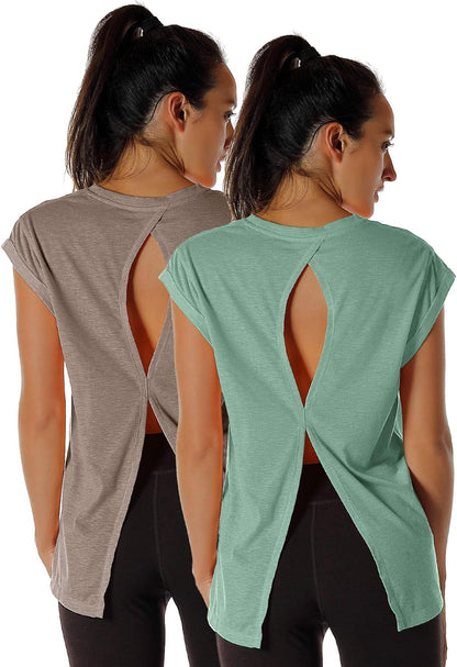 icyzone Open Back Workout Top Shirts - Yoga t-Shirts Activewear Exercise Tops for Women(Pack of 2)