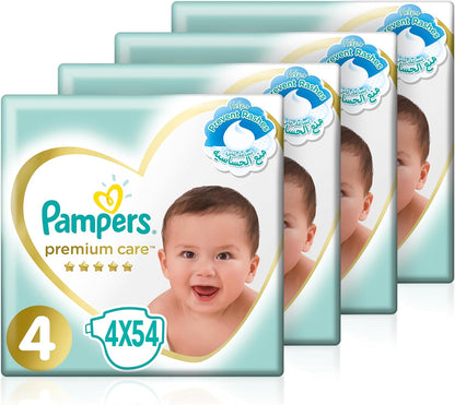 Pampers Premium Care Taped Baby Diapers, Size 4, 9-14 kg, Unique Softest Absorption for Ultimate Skin Protection, 216 Count