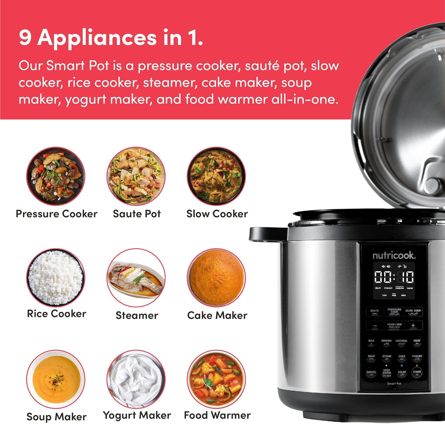 Nutricook Smart Pot 2, 8 Liters, 9 In 1 Electric Pressure Cooker, Slow Cooker, Rice Cooker, Steamer, Sauté Pot, Yogurt Maker & More, 12 Smart Programs With New Smart Lid, 2 Years Warranty