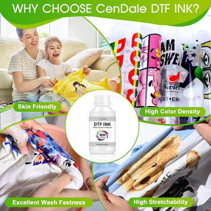 CenDale Premium DTF Ink 600ML- DTF Transfer Ink for PET Film, Refill for DTF Printers Epson ET-8550, XP-15000, L1800, L805, R1390, R2400, Heat Transfer Printing Direct to Film (100ml x 6, CMYK Wh)