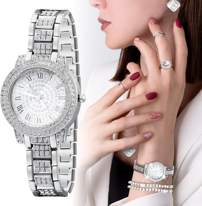 Ecation Luxury Women Wrist Watches Rhinestone Diamond Bracelet Women's Diamond Ring Necklace Earrings Set with Box for Wife Girls Ladies Jewelry Gift