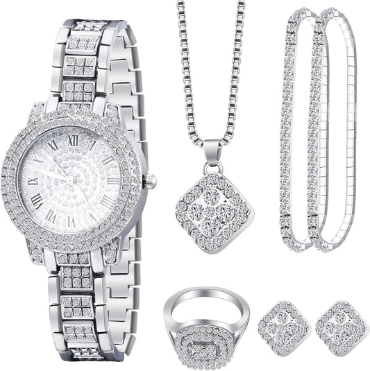 Ecation Luxury Women Wrist Watches Rhinestone Diamond Bracelet Women's Diamond Ring Necklace Earrings Set with Box for Wife Girls Ladies Jewelry Gift