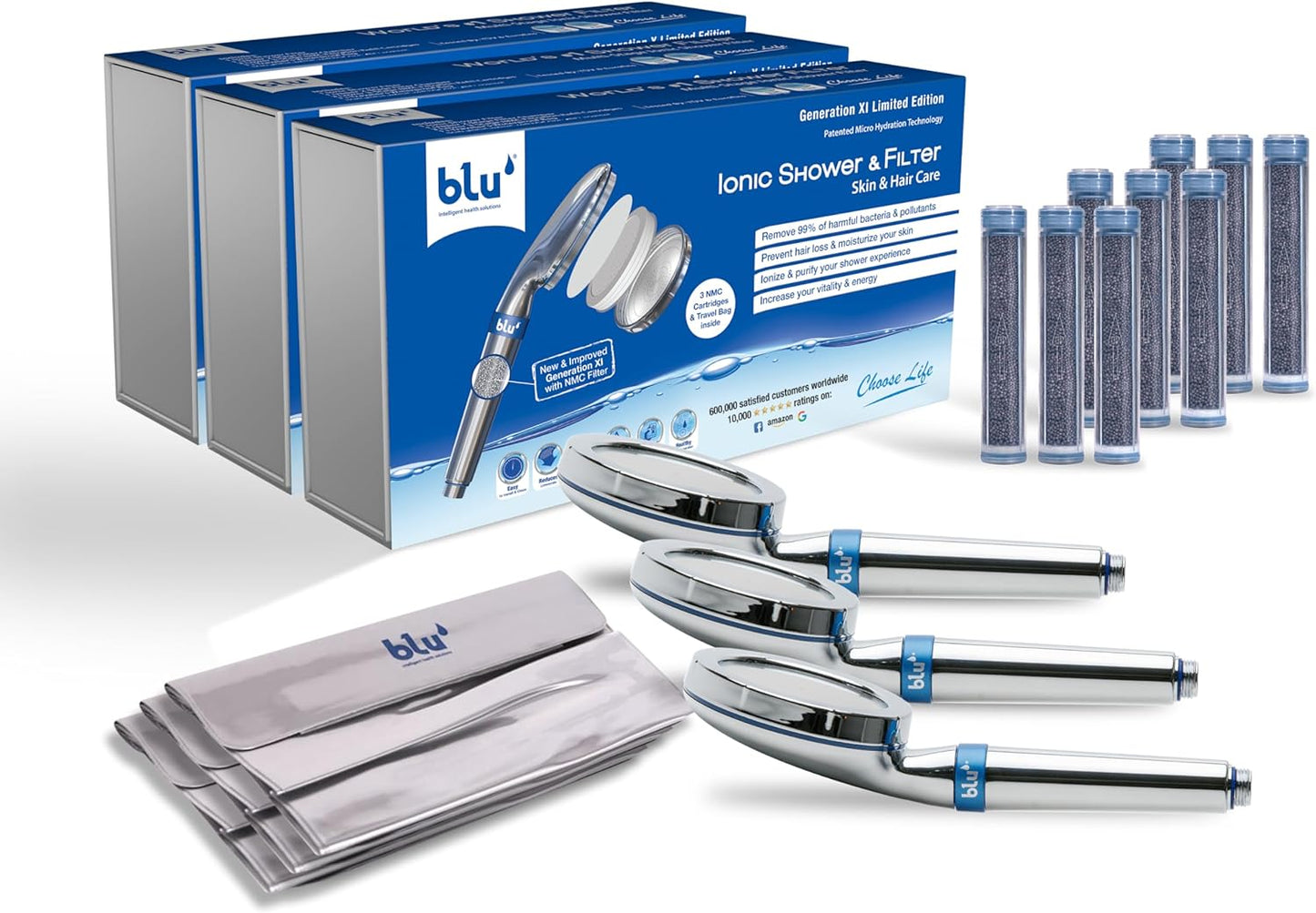 blu Ionic Shower Head & Filter - Handheld - Matt Nickel - Removes Chlorine & Harmful Pollutants - Skin & Haircare