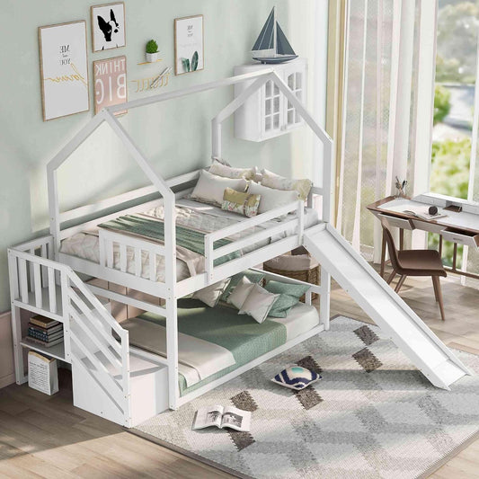 Tulib Twin Over Twin House Floor Bunk Bed, Wooden Low Bedframe with Convertible Slide, Storage Staircase can be Placed Left or Right for Bedroom, Kids and Adults, No Box Spring Need