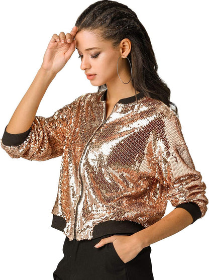 Allegra K Women's Halloween Sequin Sparkle Long Sleeve Zipper Bomber Jacket