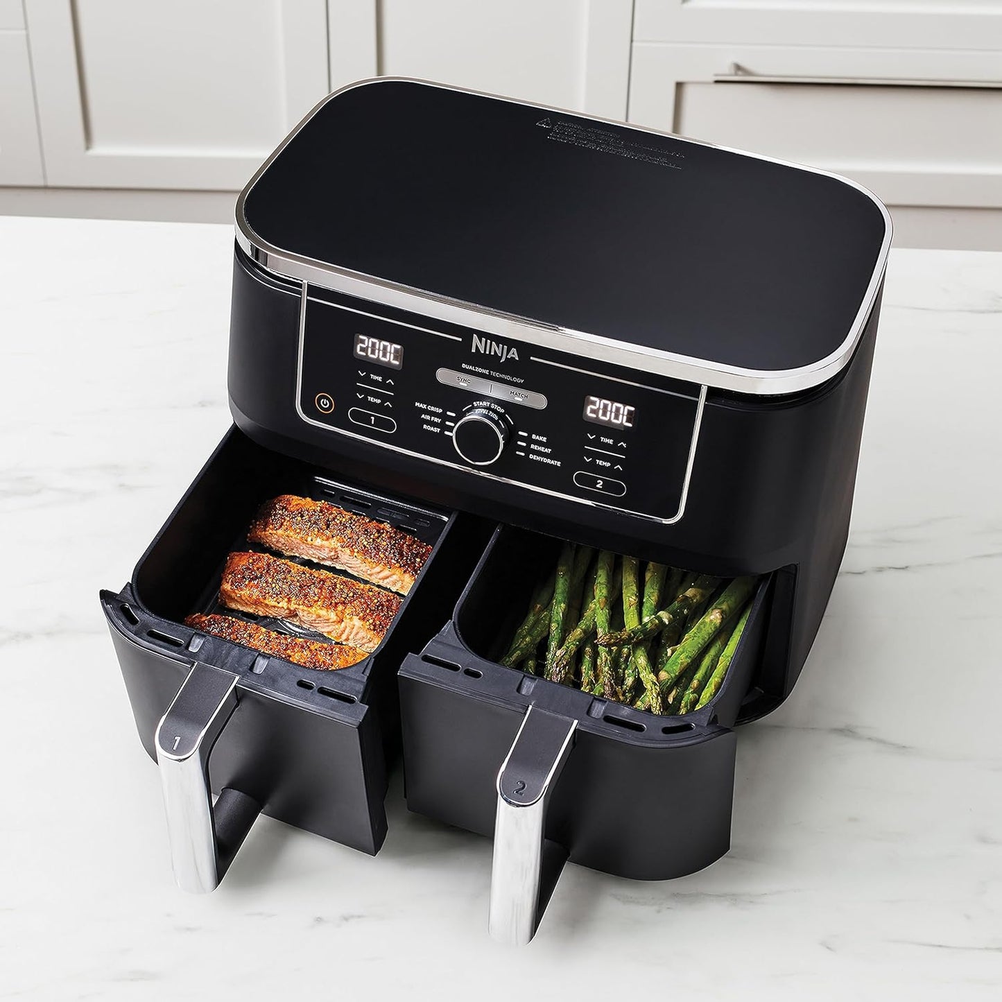 Ninja Foodi Dual Zone Air Fryer MAX + Tongs, 9.5 L, 2470 W, 2 Drawers, 8 Portions, 6-in-1, Air Fry, Roast, Bake, Nonstick, Dishwasher Safe Baskets, Amazon Exclusive, Copper/Black AF400UKCP