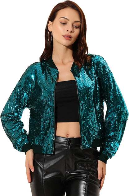 Allegra K Women's Halloween Sequin Sparkle Long Sleeve Zipper Bomber Jacket