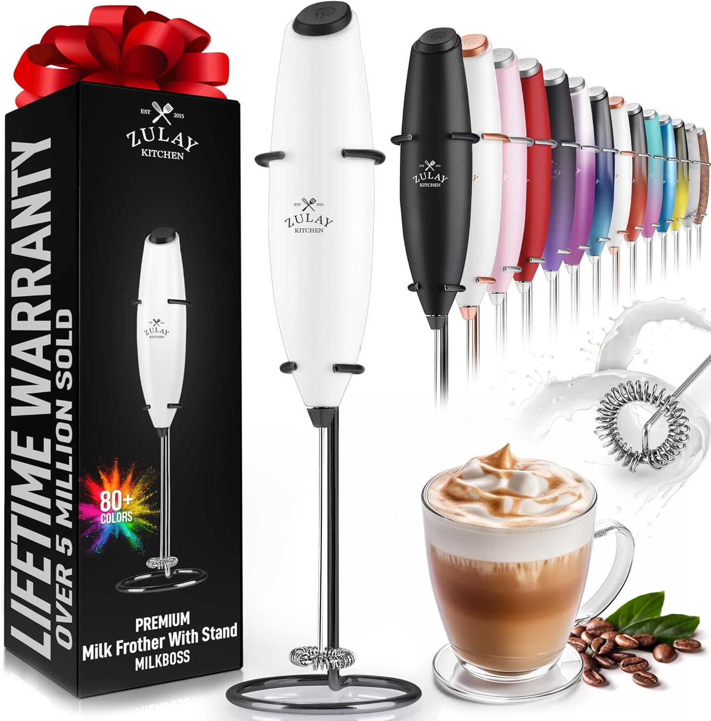 Zulay Executive Series Ultra Premium Gift Milk Frother For Coffee with Deluxe, Radiant Finish - Coffee Frother Handheld Foam Maker - Electric Milk Frother Handheld For Lattes (Black with Sleek Stand)