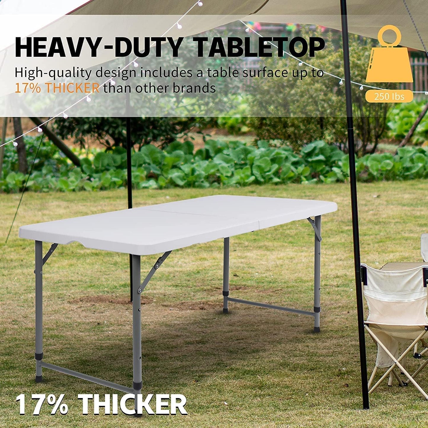 SKY-TOUCH Folding Lightweight Trestle Outdoor Camping Table,Heavy Duty Plastic Outdoor Folding Picnic Table,Folding Trestle Table For BBQ Party, Folds in Half with Carry Handle,White(120×60×75cm)