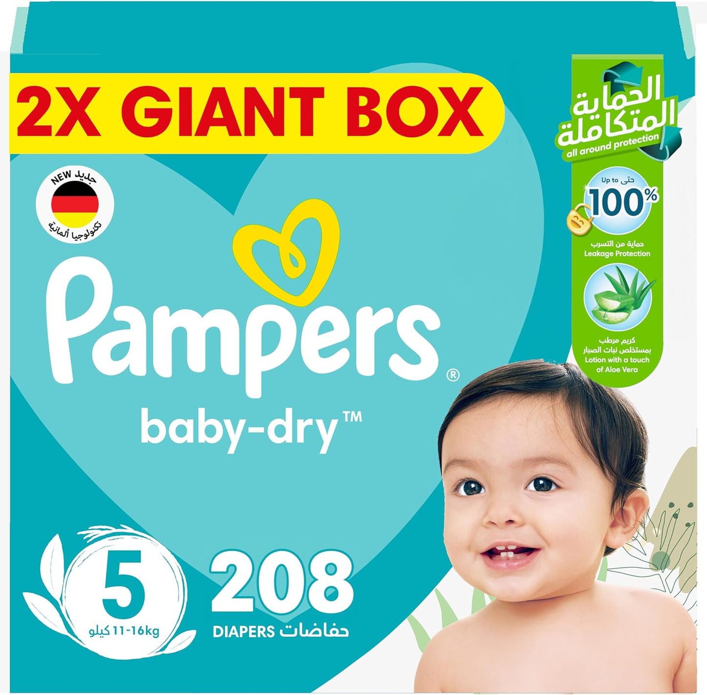 Pampers Baby-Dry Taped Diapers with Aloe Vera Lotion, up to 100% Leakage Protection, Size 5, 11-16kg, 280 Count