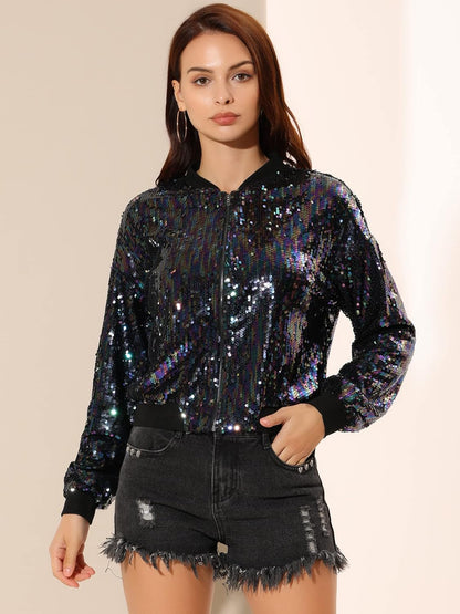 Allegra K Women's Halloween Sequin Sparkle Long Sleeve Zipper Bomber Jacket