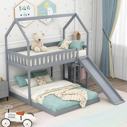 GLORHOME Loft Twin House Bunk Bed， Detachable to Floor Bedframe and A Loftbed, with Slide, Built-in Ladder,Full-Length Guardrail for Kids Adults,Roof can be Decorated, Gray