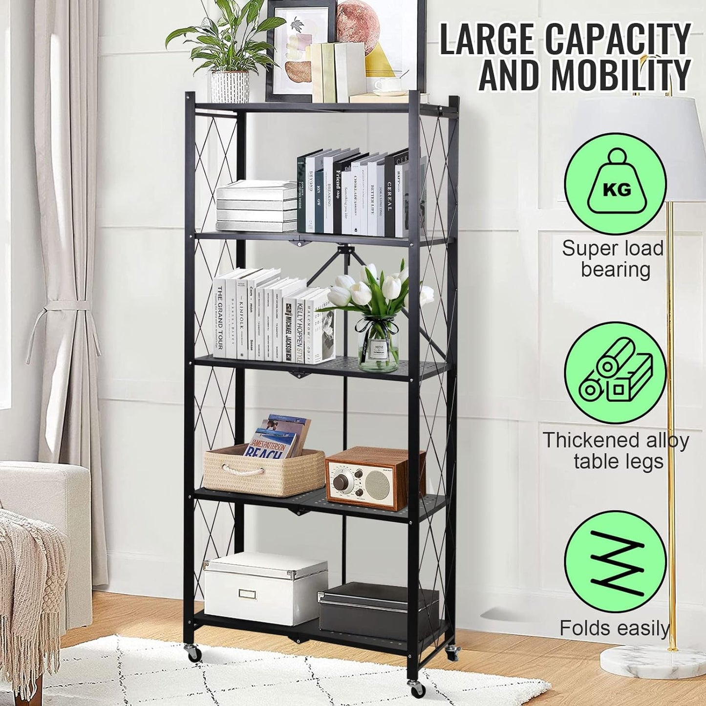 SKY-TOUCH 5 Tier Foldable Storage Shelves, Multi-Shelf Foldable Storage Rack for Kitchen Garage Home, Standing Shelf Units with Wheels (Black)