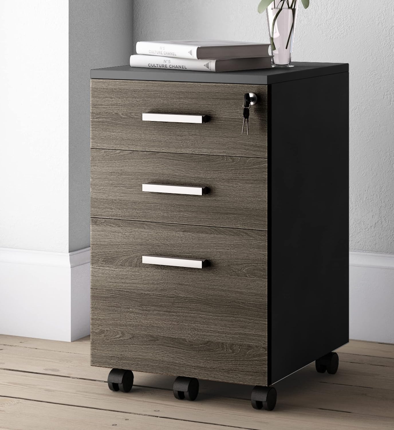 Lazio File Cabinet with Lock - Filing Cabinet for Home and Office - 3 Drawer File Cabinet with Wheels for A4 Sized Letters/Documents, Legal Sized Documents, Hanging File Folders (Cass Walnut/Black)