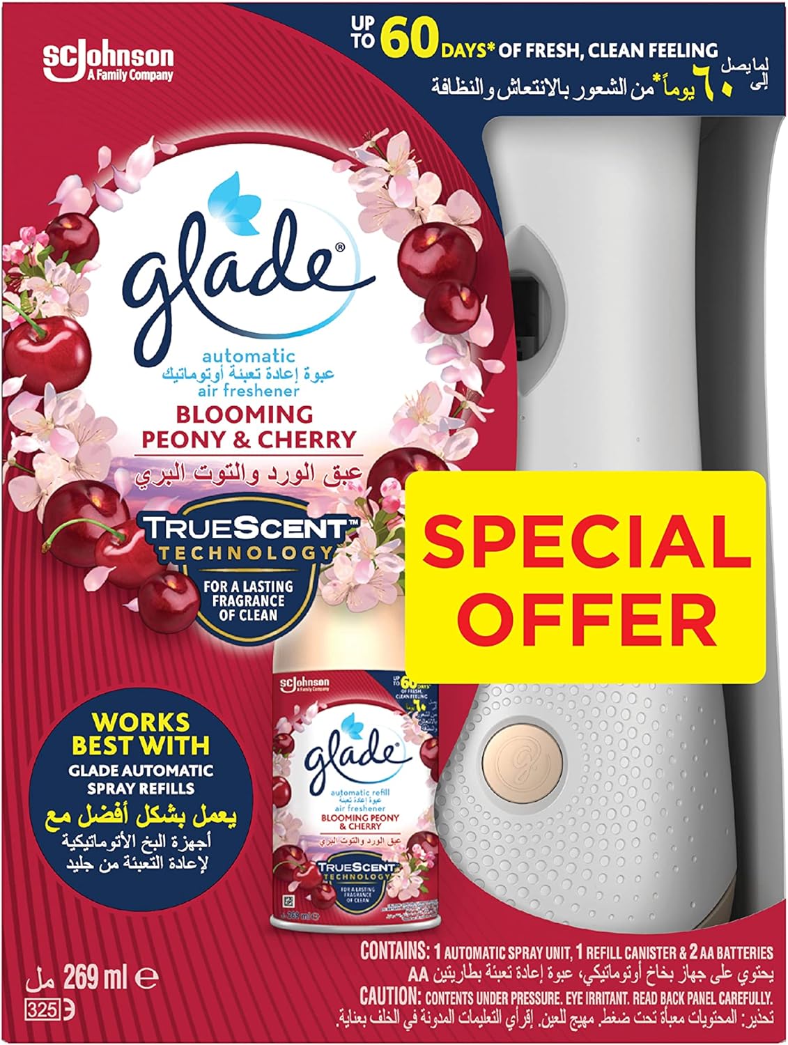 Glade Automatic Spray Holder With Blooming Peony & Cherry Air Freshener For Up To 60 Days Of Automatic Freshness, 269ml