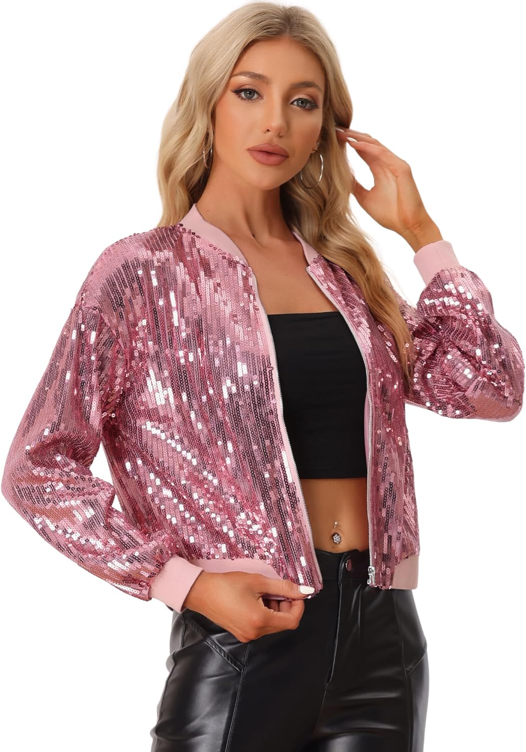 Allegra K Women's Halloween Sequin Sparkle Long Sleeve Zipper Bomber Jacket