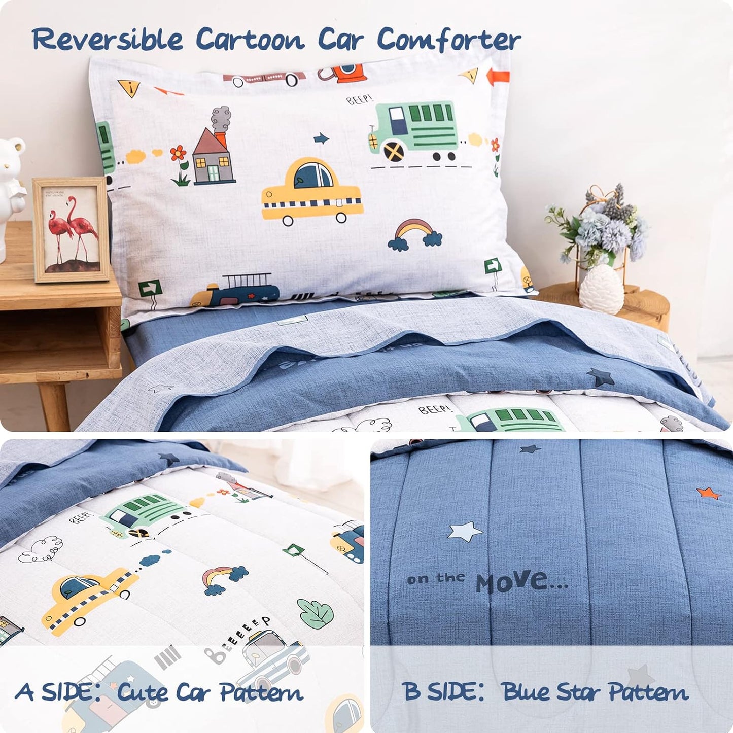 Cars Toddler Bedding Set 4 Pieces Blue Cotton Comforter Set Kids Crib Bed Set Include Flat Sheet Fitted Sheet and Pillowcase for Boys and Girls