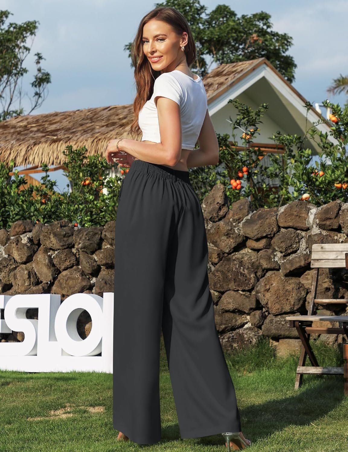 DACESLON Women's 2023 Causal Wide Leg Pants High Elastic Waisted in The Back Business Work Trousers Long Straight Suit Pants