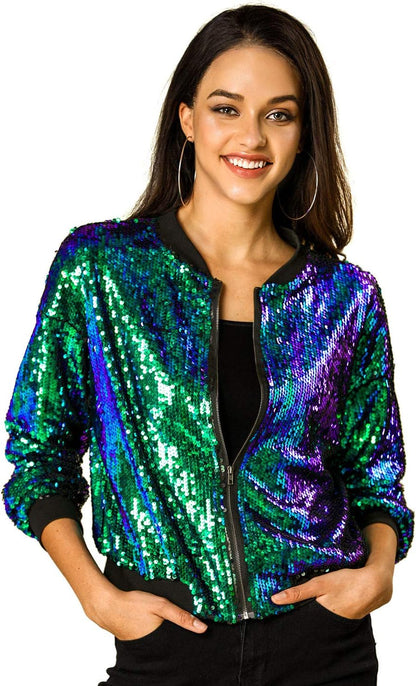 Allegra K Women's Halloween Sequin Sparkle Long Sleeve Zipper Bomber Jacket