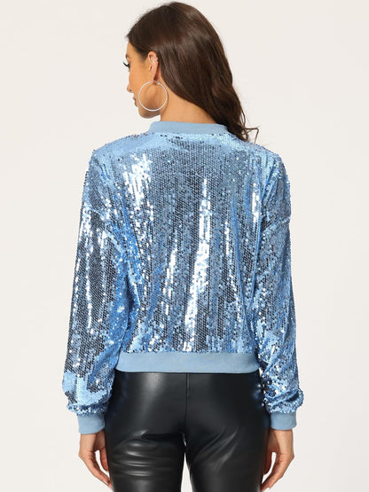 Allegra K Women's Halloween Sequin Sparkle Long Sleeve Zipper Bomber Jacket