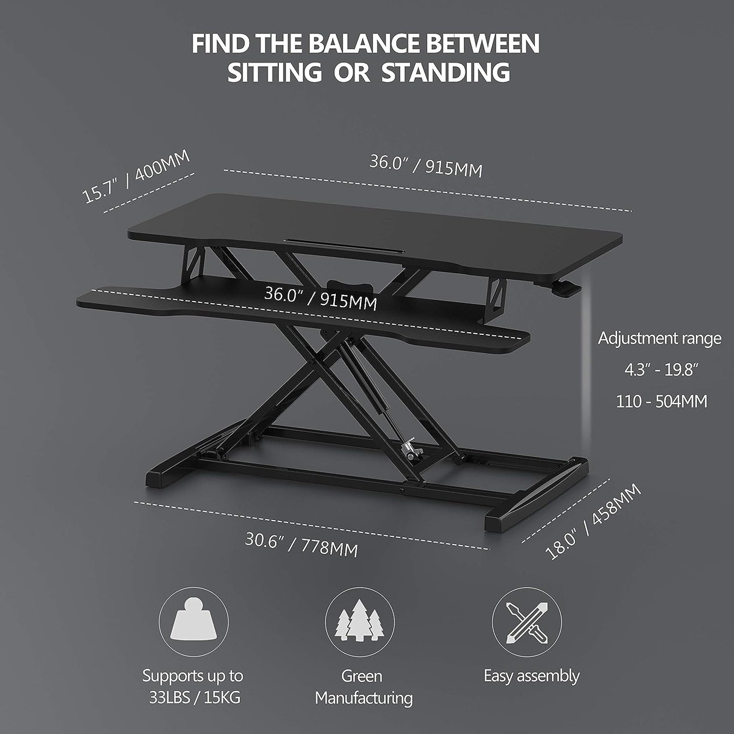 FITUEYES Height Adjustable Standing Desk 36â€ Wide Sit to Stand Converter Stand Up Desk Tabletop Workstation for Laptops Dual Monitor Riser Black SD309101WB