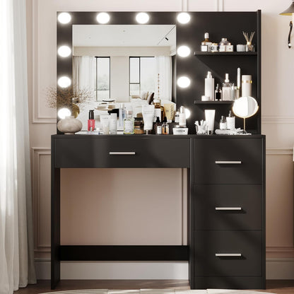 Rovaurx Makeup Vanity Table with Lighted Mirror, Makeup Vanity Desk with Storage Shelf and 4 Drawers, Bedroom Dressing Table, 10 LED Lights, White RSZT104W