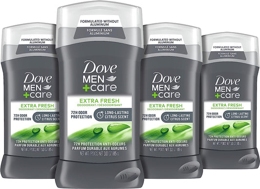 Dove Men+Care Deodorant Stick for Men Extra Fresh 4 Count Aluminum Free 72-Hour Odor Protection Mens Deodorant with 1/4 Moisturizing Cream 3 oz