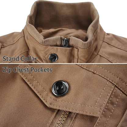 Men's Military Jacket Cargo Casual Coat Lightweight Outwear Cotton Stand Collar Windbreaker