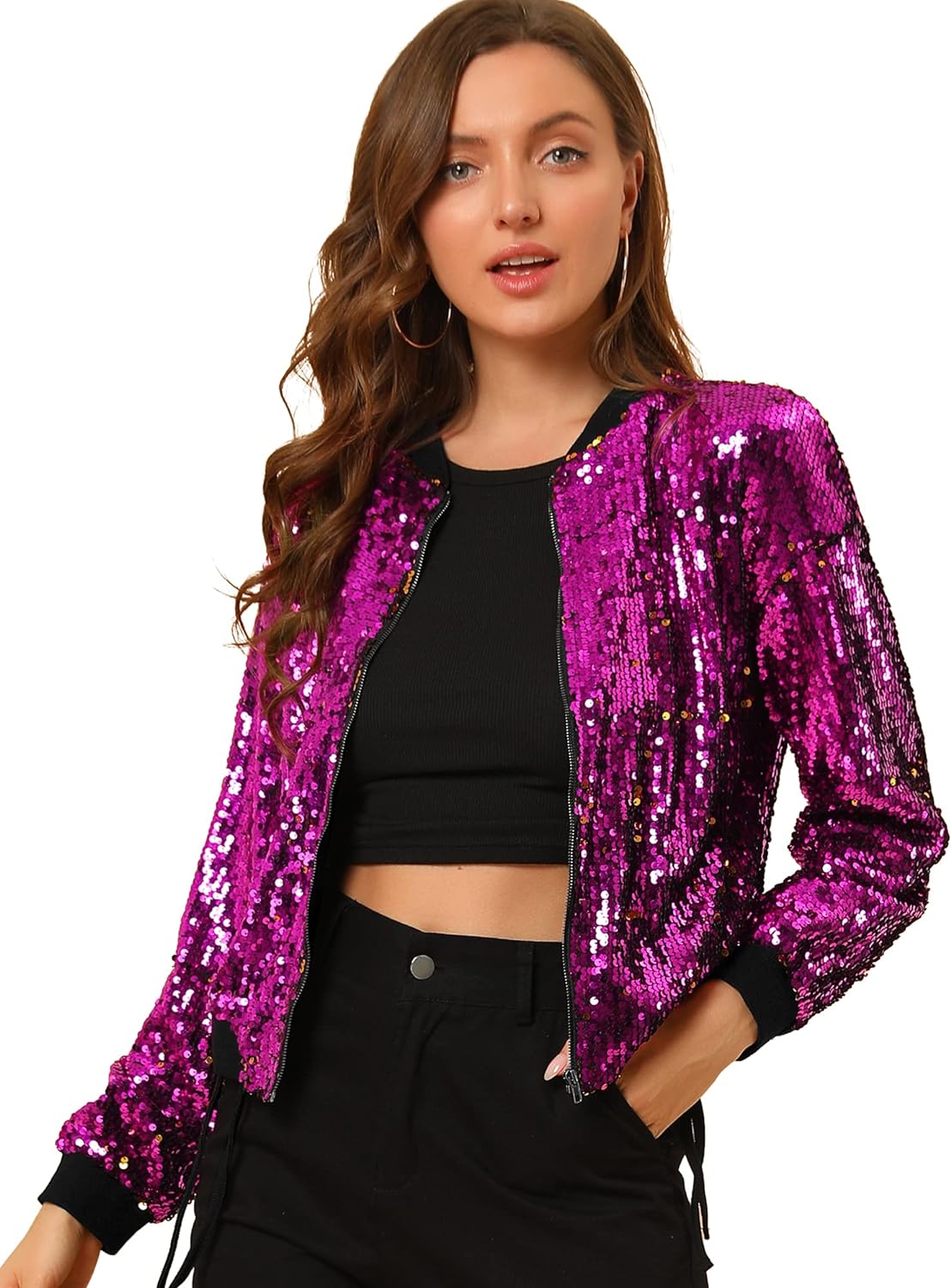 Allegra K Women's Halloween Sequin Sparkle Long Sleeve Zipper Bomber Jacket