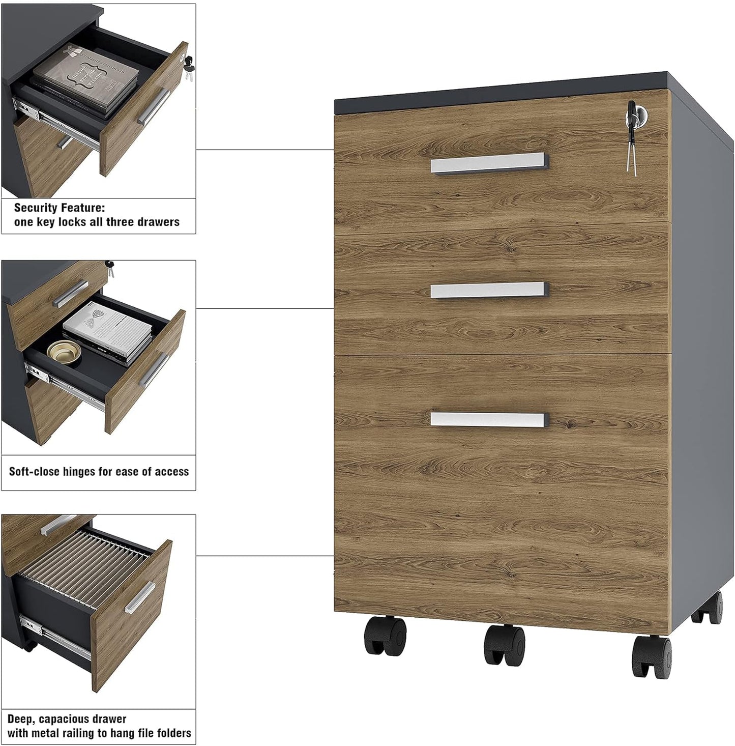 Lazio File Cabinet with Lock - Filing Cabinet for Home and Office - 3 Drawer File Cabinet with Wheels for A4 Sized Letters/Documents, Legal Sized Documents, Hanging File Folders (Cass Walnut/Black)