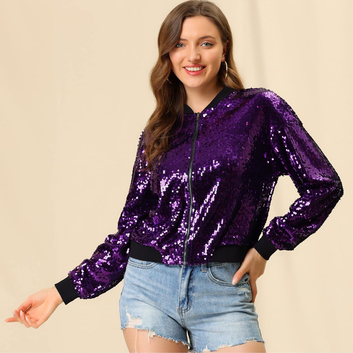 Allegra K Women's Halloween Sequin Sparkle Long Sleeve Zipper Bomber Jacket