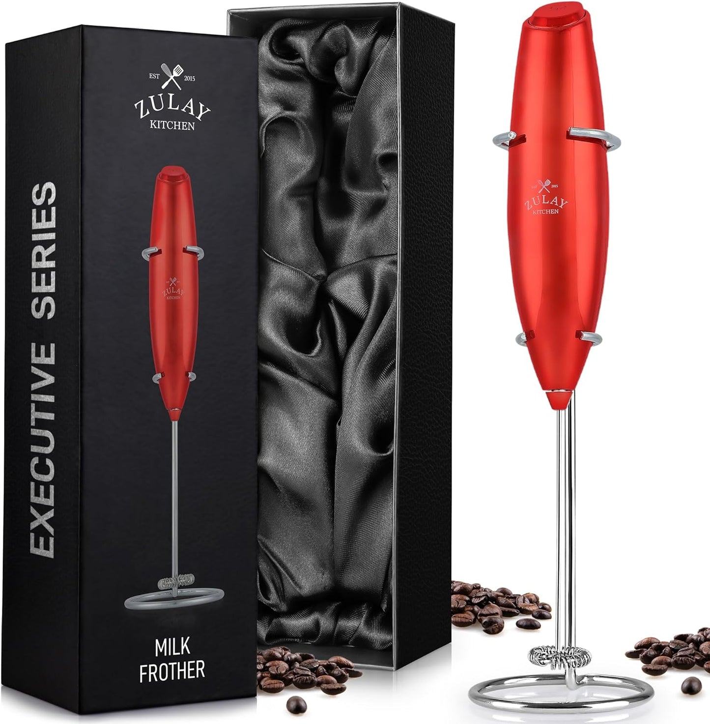 Zulay Executive Series Ultra Premium Gift Milk Frother For Coffee with Deluxe, Radiant Finish - Coffee Frother Handheld Foam Maker - Electric Milk Frother Handheld For Lattes (Black with Sleek Stand)