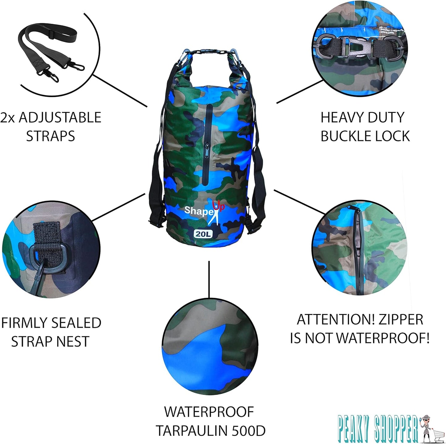 Waterproof Marine Dry Bag Backpack PVC 500 Tarpaulin 20L with pocket & 10L Shoulder Strap Roll Top Floating Dry Sack Boating Swimming with Towel & Phone Case (10, Light Blue, 1)