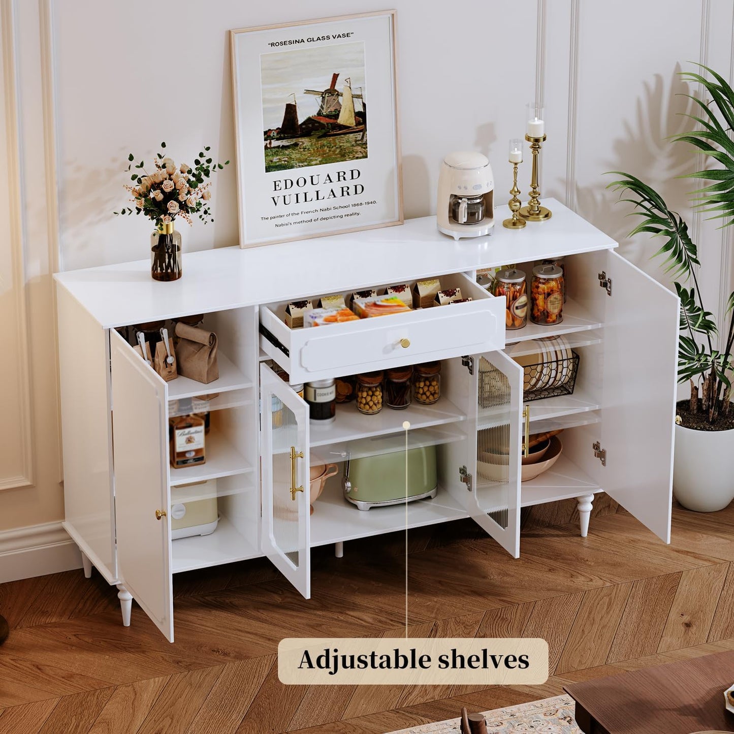 Sideboard Buffet Cabinet,Coffee Bar Cabinet with 4-Doors 1 Drawer,Accent Kitchen Storage Cabinet Console Table with Adjustable Shelves,Kitchen Cupboard for Living Room, Dining Room, Bedroom,Hallway