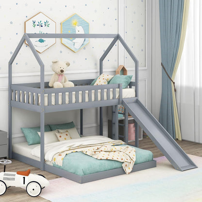 GLORHOME Loft Twin House Bunk Bed， Detachable to Floor Bedframe and A Loftbed, with Slide, Built-in Ladder,Full-Length Guardrail for Kids Adults,Roof can be Decorated, Gray