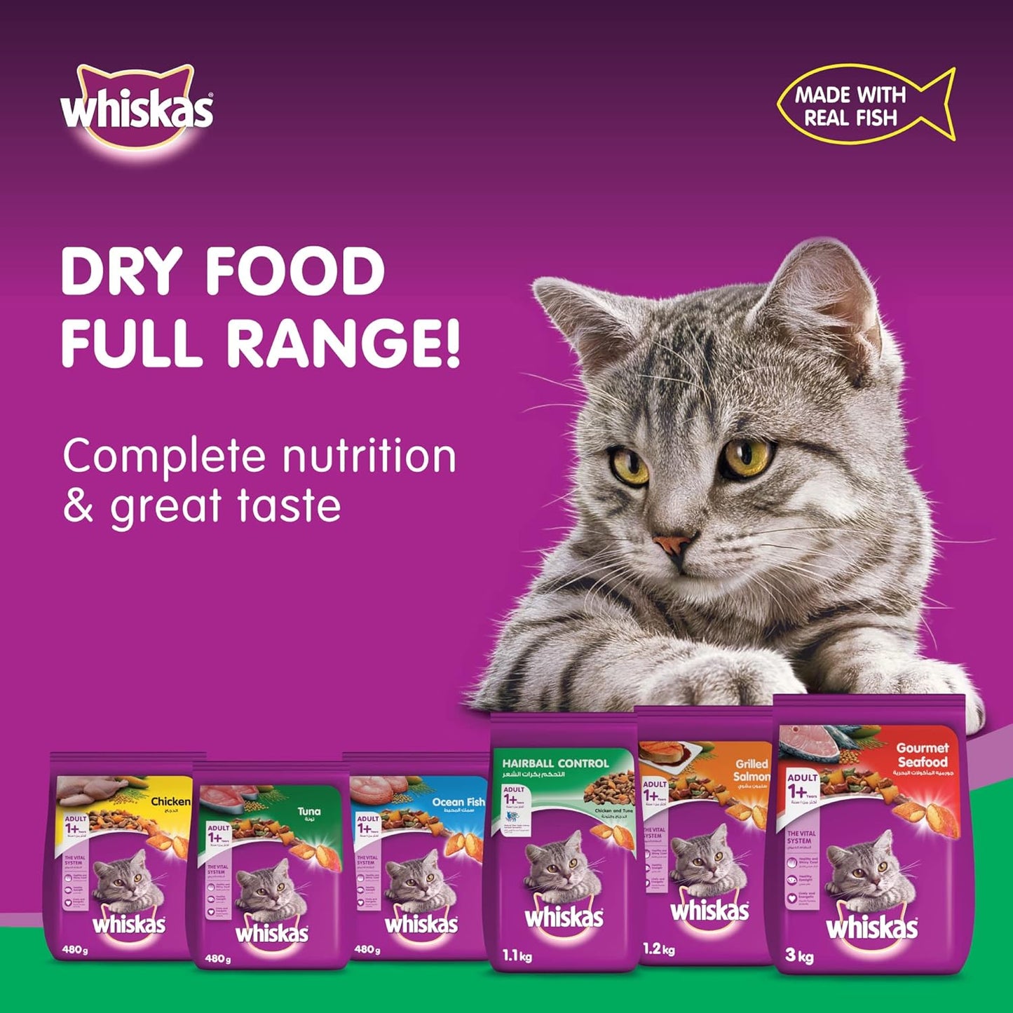 Whiskas Ocean Fish Dry Food, for Adult Cats 1+ Years, Formulated to Help Cats Maintain a Healthy Digestive Tract and Sustain a Healthy Weight, Complete Nutrition & Great Taste, Case of 15x480g