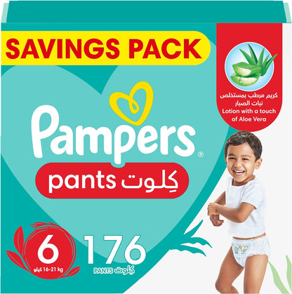 Pampers Baby-Dry Pants Diapers with Aloe Vera Lotion, 360 Fit & up to 100% Leakproof, Size 6, 16-21kg, 4 Mega Packs, 176 Count