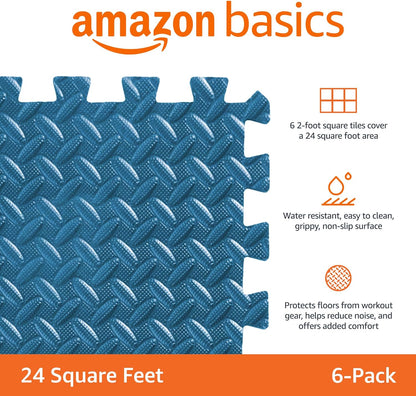 Amazon Basics Foam Interlocking Exercise Gym Floor Mat Tiles - Pack of 6, 24 x 24 x .5 Inches