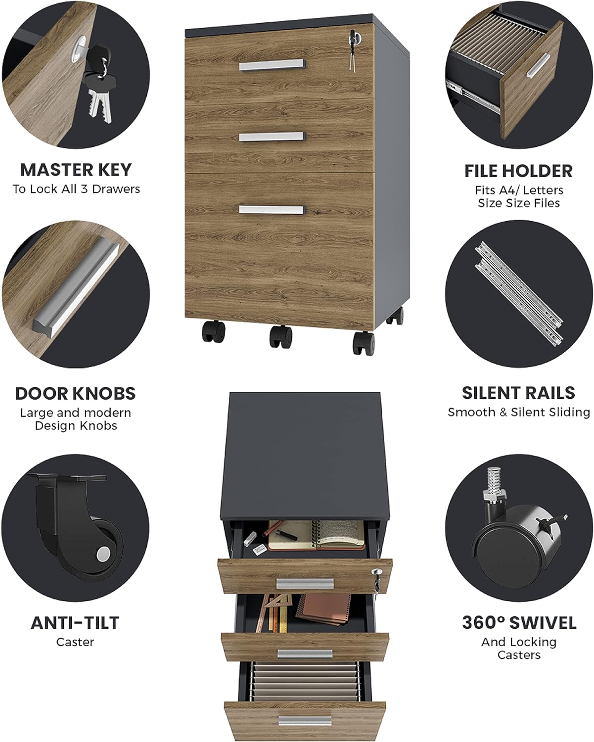 Lazio File Cabinet with Lock - Filing Cabinet for Home and Office - 3 Drawer File Cabinet with Wheels for A4 Sized Letters/Documents, Legal Sized Documents, Hanging File Folders (Cass Walnut/Black)