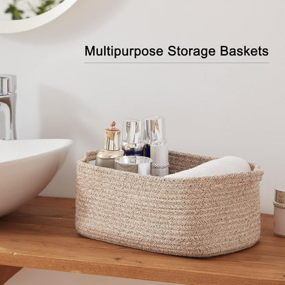 OIAHOMY Cotton Rope Baskets, Woven Baskets for Storage, Nursery Storage Baskets, Rectangle Storage Basket with Handles, Storage Baskets for Shelves, Pack of 3, Brown Variegated