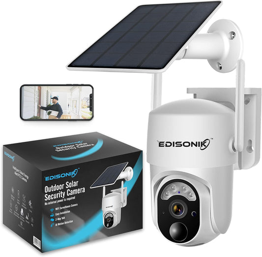 EDISONIK Outdoor Solar-Powered Security Camera 3MP with 2.4GHz WiFi - 350° PTZ, Spotlight & Alarm, HD Full-Color Night Vision - AI Motion Sensing, 2-Way Talk Communication, IP66 Rainproof Solar CCTV