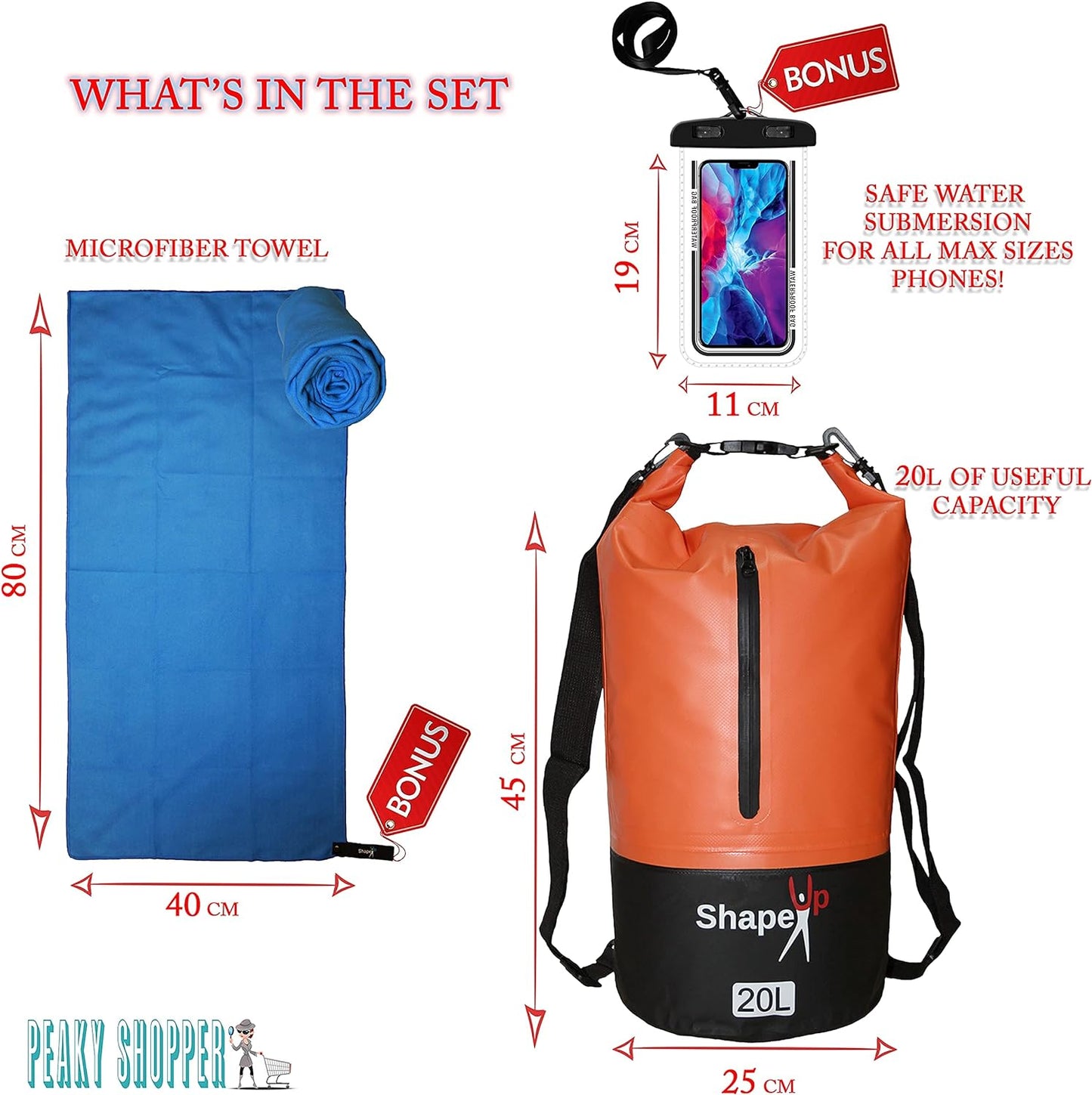 Waterproof Marine Dry Bag Backpack PVC 500 Tarpaulin 20L with pocket & 10L Shoulder Strap Roll Top Floating Dry Sack Boating Swimming with Towel & Phone Case (10, Light Blue, 1)