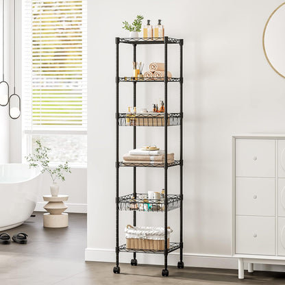 Isyunen 6 Tier Wire Shelving Unit, Isyunen Metal Standing Shelf Units Storage Shelves Rack Adjustable Heavy Duty Shelving Rack with Baskets for Kitchen Bathroom Laundry, Black