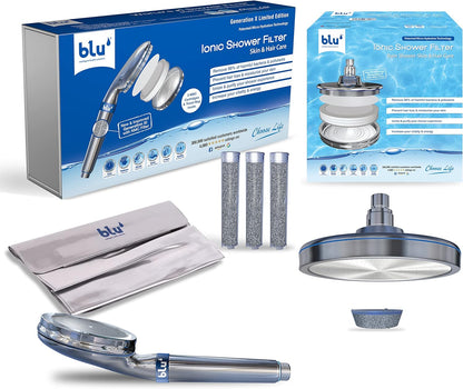 blu Ionic Shower Head & Filter - Annual Bundle - Handheld & 3 Pcs NMC Filters & Spare Parts Set - Removes Chlorine & Harmful Pollutants - Skin & Haircare - Chrome