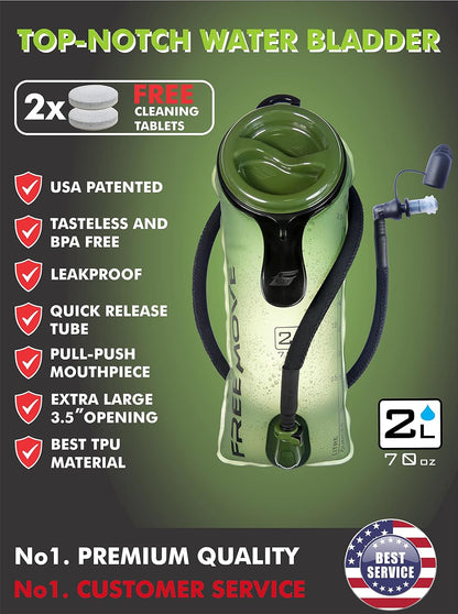 FREEMOVE 2L Hydration Bladder with Cleaning Kit or 3L Water Bladder >Blue or Green< Leak Proof Hydration Pack, Tasteless & BPA Free, TPU Water Reservoir, Quick Release Insulated Tube & Shutoff Valve