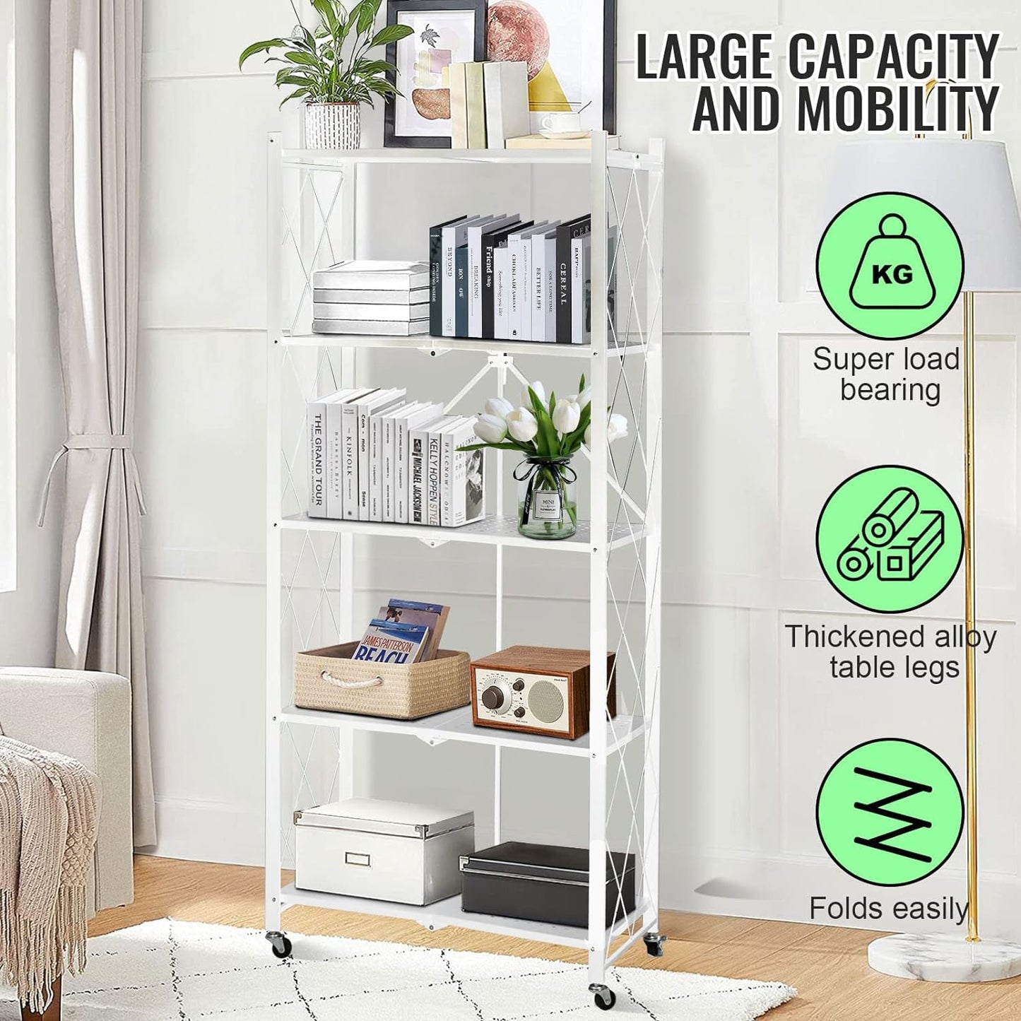 SKY-TOUCH Foldable Storage Organizer 5 Tier, Storage Shelves Kitchen Cabinet Storage Rack, Shelf Storage Multipurpose Rack for Living Room Bedroom Kitchen Garage Black 35x72x160.5cm